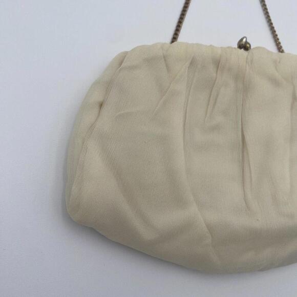 Vintage Cream Chiffon Fabric USA Clutch Evening Bag Gold Hardware Purse - Picture 2 of 12